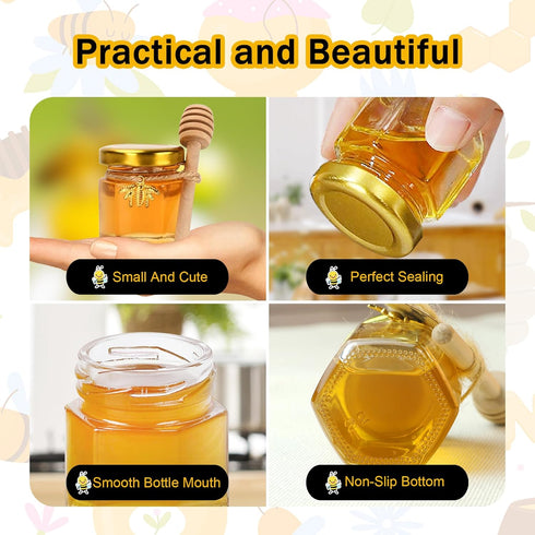 48 Pack 1.5 oz Aliggbent Mini Honey Jars Party Favors in Bulk, Small Hexagon Glass Honey Jars with Dippers, Gold Lids