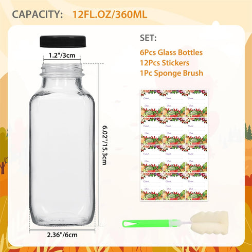 12 oz 6Pack, 360ml AuroTrends Glass Bottles with Lids Glass Bottles for Juicing, Water, Kombucha - Portable Juicing