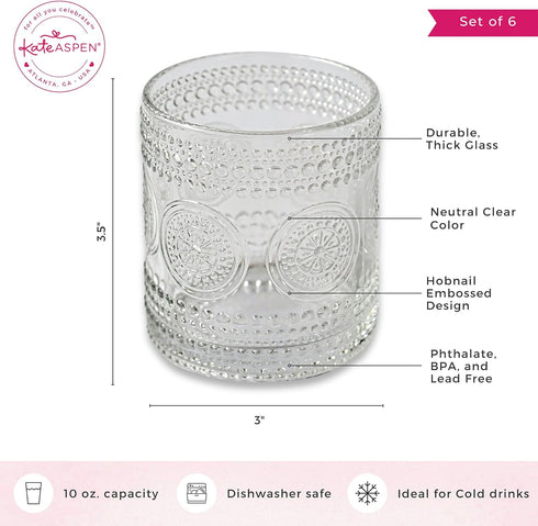 Set 6, (10 oz) Set Set, Hobnail Beaded Floral Clear Drinking Glasses of Vintage Glassware by Kate Aspen| Cocktail Glass