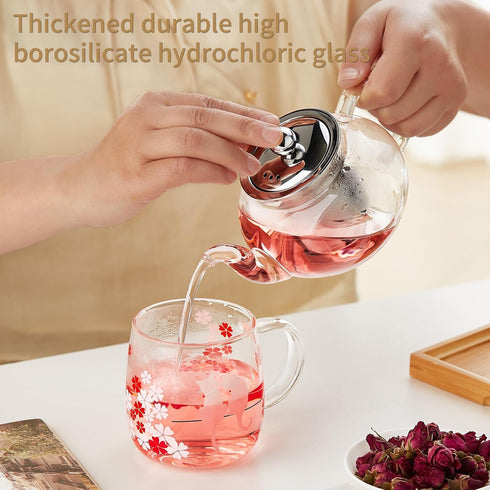 Glass Teapot Stovpetop Safe,20 oz/ 600 ml Stove Top & Microwave Safe Small Borosilicate Glass Kettle with Loose Leaf Tea Strainer For Flower Blooming Tea