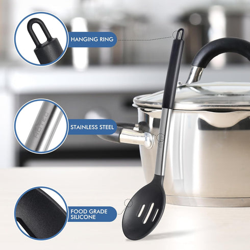 HOTEC Heat Resistant Large Silicone Cooking Spoon, Solid Slotted Spoons for Kitchen