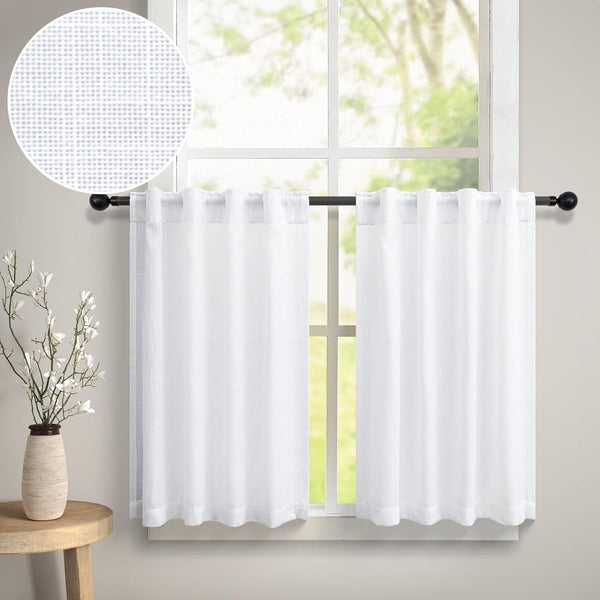 White Kitchen Curtains 24 Inch Length, 2 Panel Pocket Lace Cotton Textured Sheer Linen Short Cafe Curtain