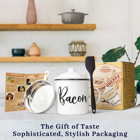 46oz Bacon Grease Container with Strainer - With Food-Grade Silicone Spatula , Large Enamel Rustic Farmhouse Fat