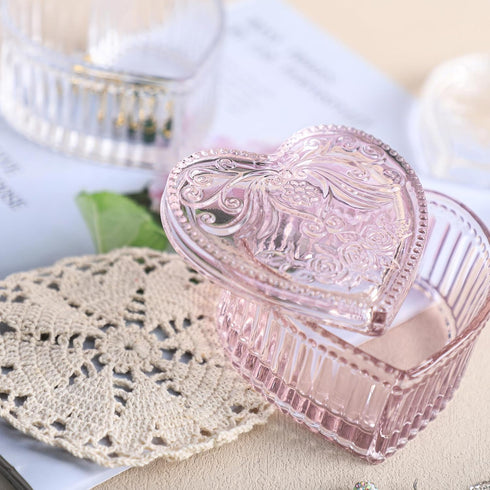Gaolinci Crystal Glass Heart-Shaped Storage Box, Embossed Jewelry Box Candy Box with Lid