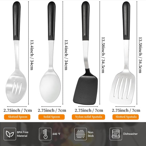 Stainless Steel Cooking Utensils Set, 4-piece Kitchen Utensil Set with PP Handles, Dishwasher Safe, Non-Stick and Heat Resistant, Spoons, Spatula for Cooking by CuCut