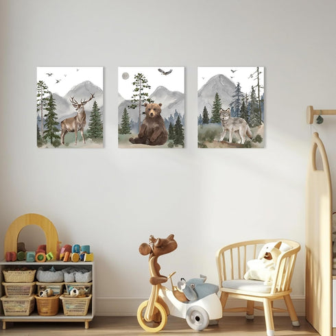 16"x24" Set 3, Woodland Animal Nursery Wall Art: Forest Wildlife Prints Canvas Posters of Wolf Bear Elk Pictures