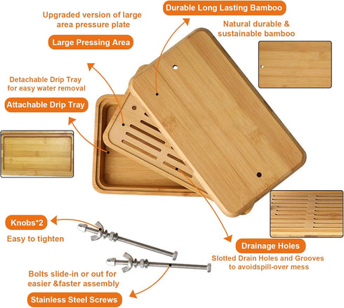 Glowgath Tofu Press,Large Bamboo Tofu Press with Tofu Strainer,Drip Tray and Cheesecloth, BPA Free,Easy to Clean,Easily