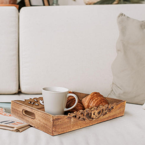 16x12x2.5 Countertop Mela Artisans Orchid Design Wooden Decorative Tray with Handles | Mango Wood Ottoman Tray |