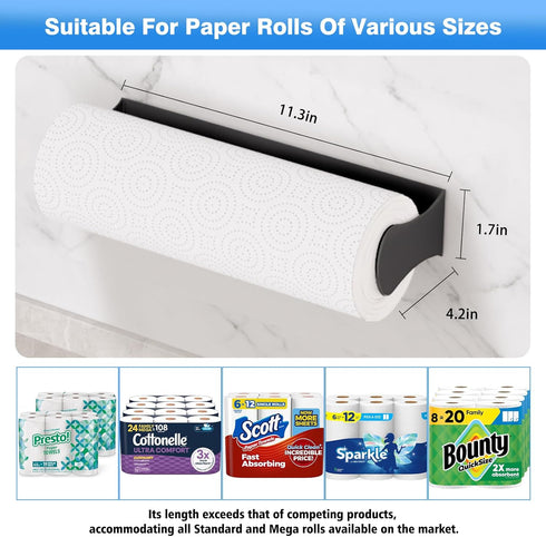 Counter Paper Towel Holder Under Cabinet, Black, Adhesive & Wall Mount, Under Paper Towel Rack for Kitchen