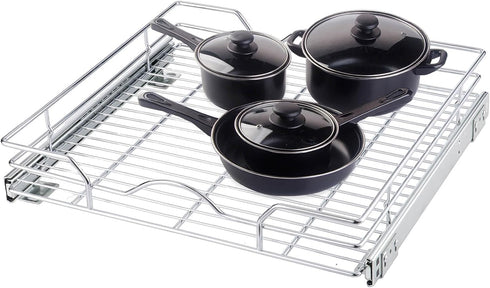 OCG Pull Out Cabinet Organizer (20.75" W x 17" D), 1 Tier Pull Out Shelves, Chrome Finish Cabinet Slide Out Shelves for