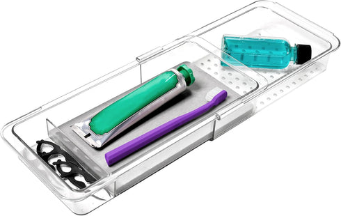 madesmart Expandable Dental Tray Drawer Organizer with Drying Stone, Clear Plastic Organizer