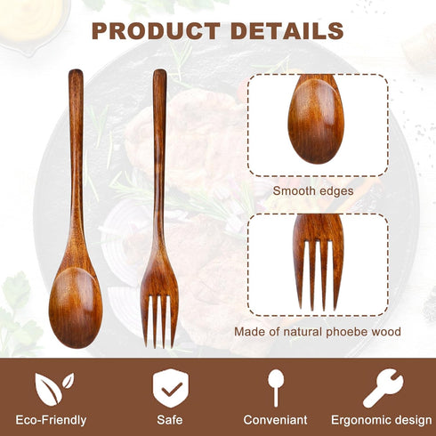 6Pcs Wooden Spoons Forks Set, Reusable Wooden Utensil Set for Stirring Cooking Camping, Wooden Cutlery