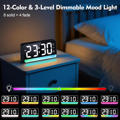 ALANAS 7" Snooze, Large Digital Alarm Clock with RGB Color Changing Night LightDual Alarms, USB Charging, Adjustable