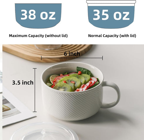 38 oz 6 Inch Oversized Soup Bowl with Handle: Ceramic Soup Mug with Lid - Microwave Safe Jumbo Food Storage Container