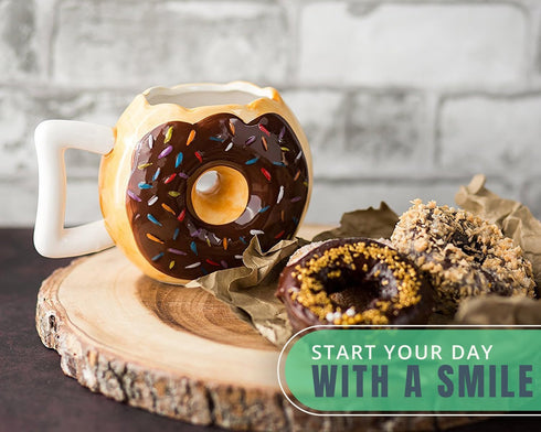 Ceramic Donut Mug - Chocolate Glaze Doughnut Mug with Sprinkles, "MMM... Donuts!" Quote, Large 14 oz Size, Brown