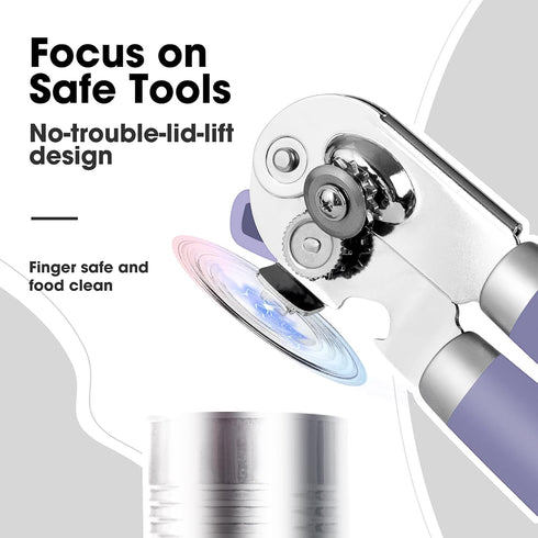 Manual Can Opener with Magnet, Handheld Can Opener with Sharp Blade and Effort-Saving Knob, Purple Color