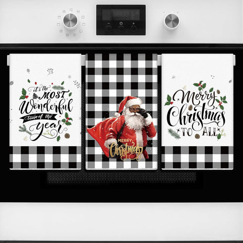 4 Buryeah Pcs Christmas Kitchen Towels African American Black Santa Hand Towels Christmas White Black Buffalo Plaid