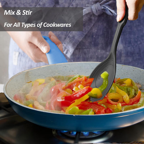 Large Silicone Cooking Spoon, Non-Stick Solid Spoon Set with Deep Bowl and Measurement Mark, Heat Resistant Kitchen