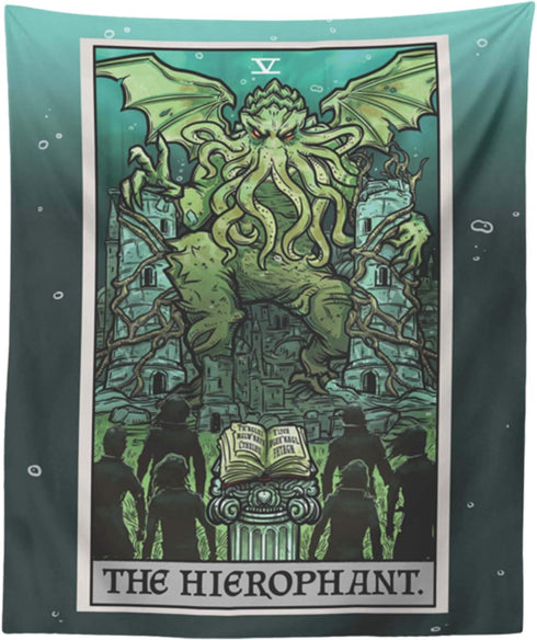 Cthulhu The Hierophant Tarot Card Tapestry Wall Hanging, H.P. Lovecraft Horror Home Decor, 60" x 50"