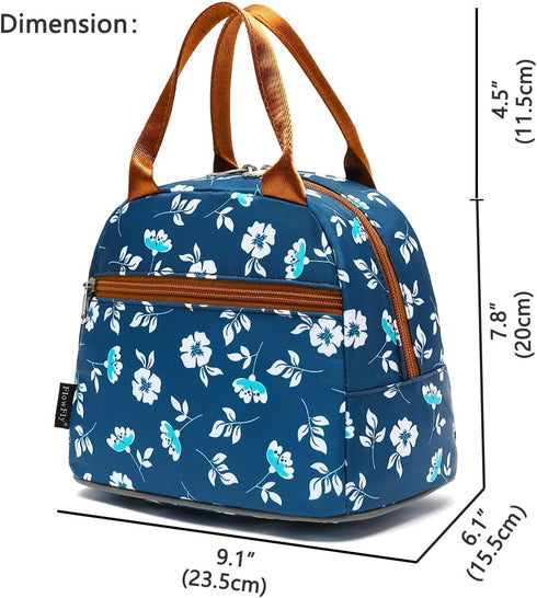 FlowFly Insulated Lunch Cooler Bag - Floral Tote Bag Organizer for Women/Men, White
