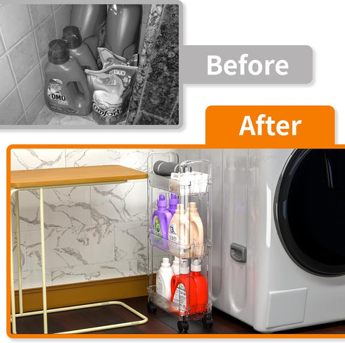 Yieach 3 Tier Rolling Cart with Wheels, Clear Narrow Bathroom Storage Cart for Small Spaces