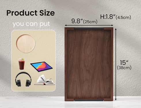 Handles,15x10in Fibogollo Walnut Wood Serving Tray with Metal Ottoman Decorative Trays Platter for Coffee Table,Living