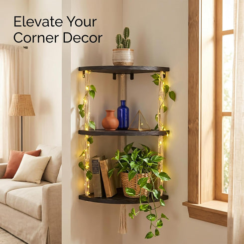 3-Tier REFGY Corner Floating Shelves with Aesthetic Greenery & Fairy Lights - Premium Wood-Textured Boho Wall Hanging