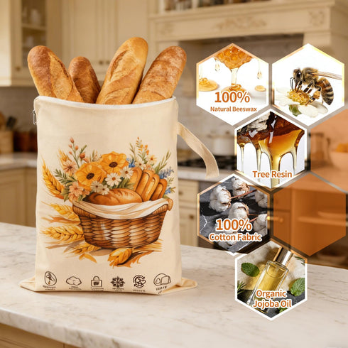Wantocore 2 Pack, Reusable Bread Bags for Homemade Bread L-shaped Zipper Beeswax Bread Bag for Easy Access, Exquisite