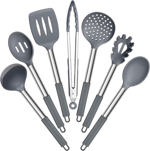 E-far 7 Pcs Silicone Cooking Utensils Set, Heat Resistant Kitchen Tools with Stainless Steel Handle, Gray
