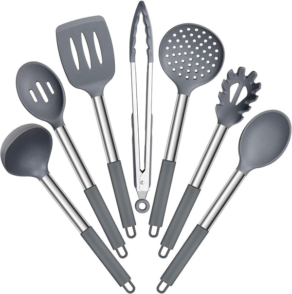 E-far 7 Pcs Silicone Cooking Utensils Set, Heat Resistant Kitchen Tools with Stainless Steel Handle, Gray