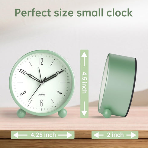 Analog Alarm Clock - 4 inch Super Silent Non Ticking Small Clock with Night Light, Battery Operated, Ideal Decor for