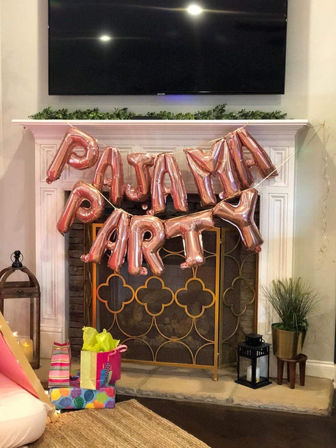 LaVenty Set of 11 Rose Gold PAJAMA PARTY Balloons and Banner for Slumber Party Decor