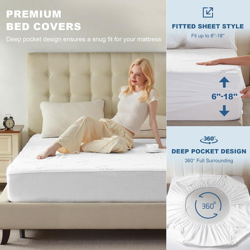 6"-18", BEDLORE Queen Size Waterproof Mattress Protector Viscose Derived from Bamboo, Soft Mattress Cover Fitted