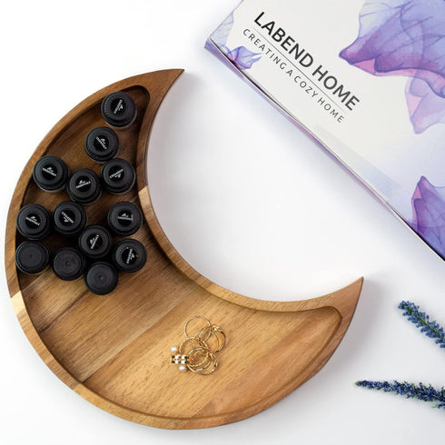 Home and Room Decor Jewelry Organizer, Gothic Trinket Dish, Moon Decor, Acacia Wood Tray for Bedroom, 10.5" x 5"