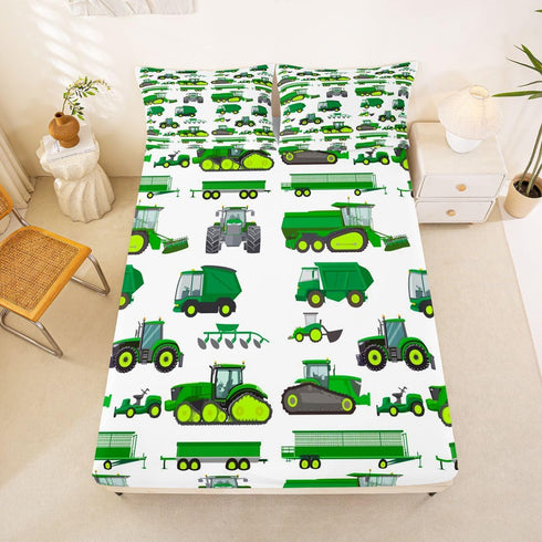Set Excavator Car Bed Sheets Full Cartoon Construction Tractor Vehicle Sheet Kids Boys Green Yellow Equipment Trucks