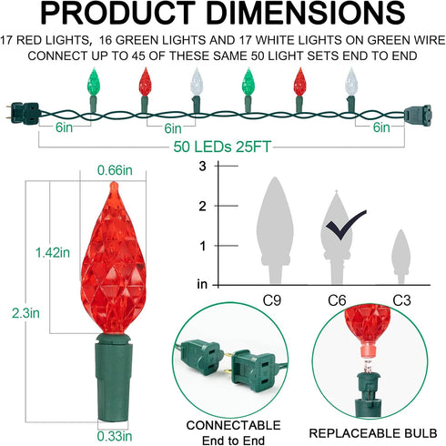 C6 50 25ft BOHON Red White and Green Christmas Lights Outdoor Faceted LED Plug in Fairy Twinkle Warm String Lights