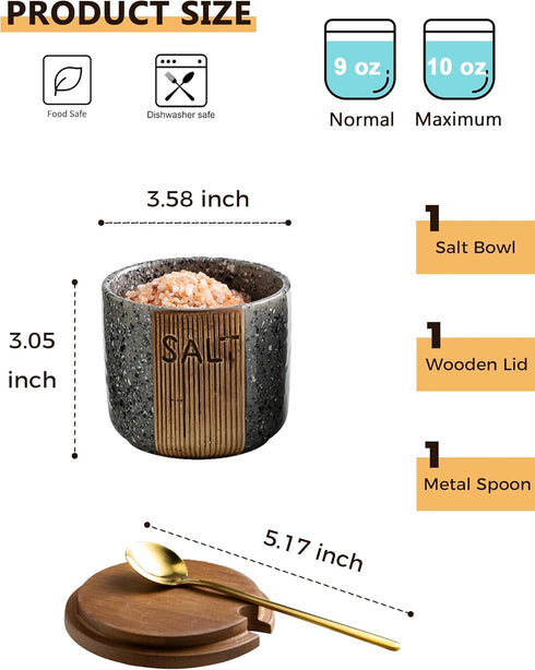 Countertop, 10 OZ Salt Cellar with Lid & Spoon, Ceramic Salt Container for Salt Bowl Holder, Gray