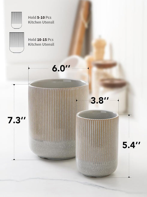 LE TAUCI Utensil Holder Set of 2 – 7.3"+5.4" Ceramic Kitchen Crocks – Morden Organizer for Spatula, Glaze Marble Gray