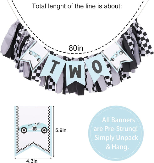 Rweseo 2nd Two Fast Birthday Party High Chair Banner - Racing High Chair Banner, Blue Birthday Bunting,Blue Vintage