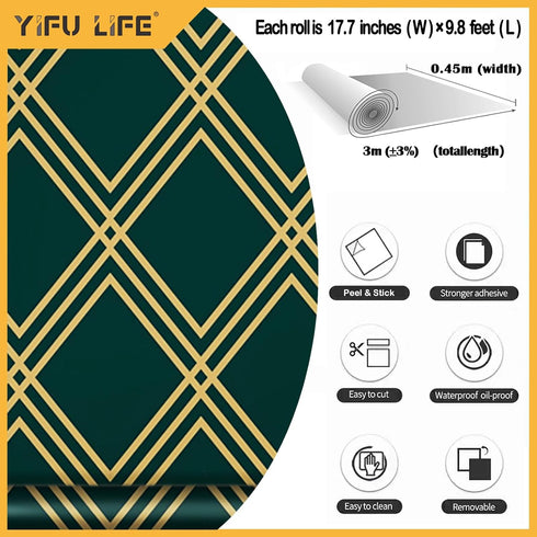 Green Rhombus Peel and Stick Wallpaper 17.7"× 9.8ft, Geometric Diamond Contact Paper for Furniture Renovation Home Decor