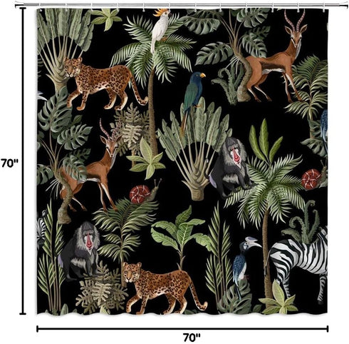 AMFD Jungle Animals Shower Curtain, Cheetah Zebra Monkey Antelope, Green Tropical Forest Bathroom Decor Set