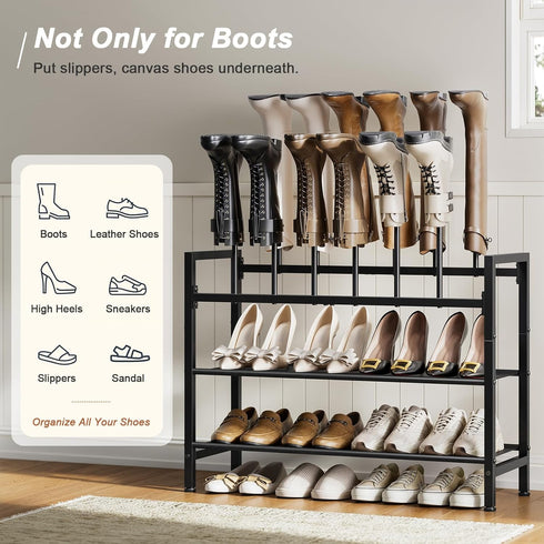 4-Tier Closet, 6 Free Standing Shoe Racks, Boot Rack Organizer for Tall Boots, Sneakers, High-Heel, Black Metal Shoe