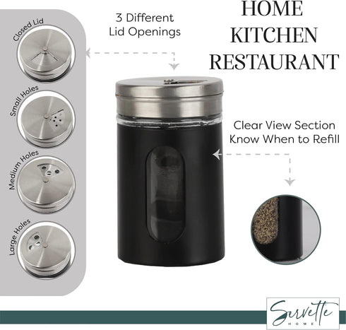 Black Salt Pepper Shakers, Retro Glass Spice Jars - Set of 2