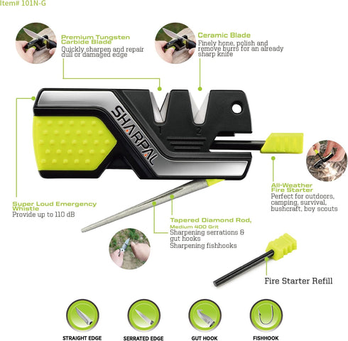 SHARPAL 101N-G Kitchen Pocket Knife Sharpener Survival Camping Tool with 2 Fire Starters Ferro Rod, Whistle & Diamond Sharpening Rod for Straight and Serrated Blade by SHARPAL