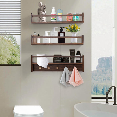 16 Inch Set 3 AZSKY Nursery Book Shelves Wall Floating Bookshelf with Hook Deep Walnut Hanging Book Shelf Toddler Room
