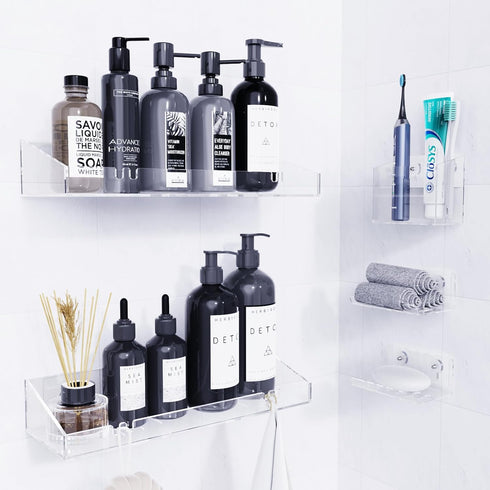 Adhesive Shower Caddy, 5 Pack Acrylic Shower Shelves Bath Organizers, No Drilling Shelves for Bathroom Storage & Decor