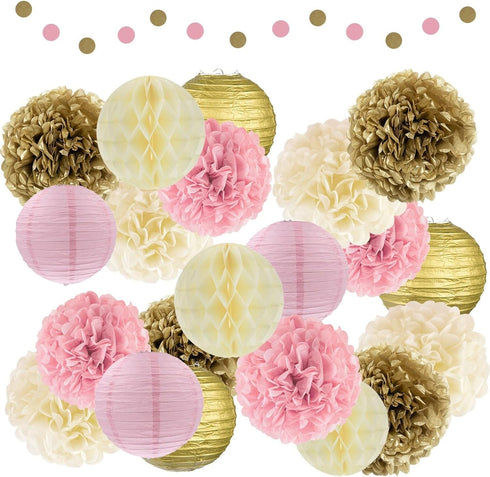 EpiqueOne 22-Piece Tissue Paper Pom Poms Party Set, Pink, Gold & Ivory for Birthdays, Showers & More