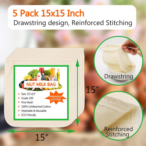 Huppar 5 Pack 15"x15", 100% Nut Milk Bag Cheesecloth bags for Straining Reusable, Unbleached Cotton Cloth