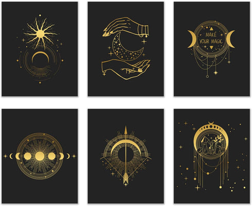 Occult Gold and Black Prints - Set of 6 Glossy Wall Art Decor (8x10) Alchemy, Witch, Third Eye, Planets