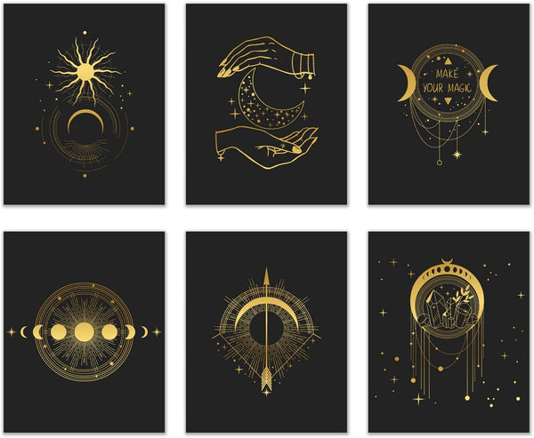 Occult Gold and Black Prints - Set of 6 Glossy Wall Art Decor (8x10) Alchemy, Witch, Third Eye, Planets
